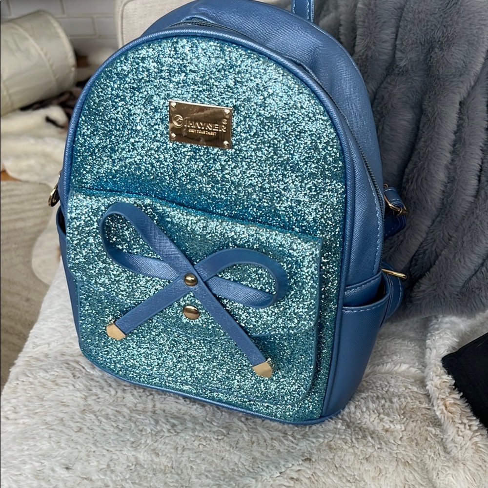 Sparkling Blue Glitter Backpack with Metallic Bow